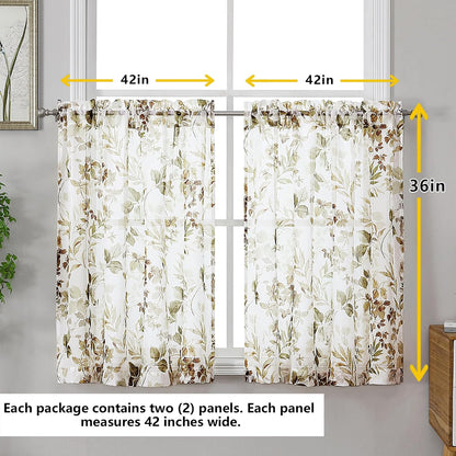 Crushed Sheer Curtains Tiers 36 Inch Length 2 Panels, Printed Design Small Half Curtains Kitchen Tiers Bathroom Cafe Bedroom Living Room, Light Filtering Curtain, 42"X36"
