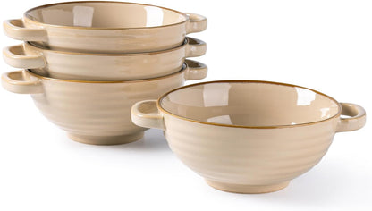 Ceramic Soup Bowls with Double Handles, 24 oz Set of 4 - Ideal for Soup, Cereal, Stew, Salad, Noodles, Ramen - Microwave and Dishwasher Safe