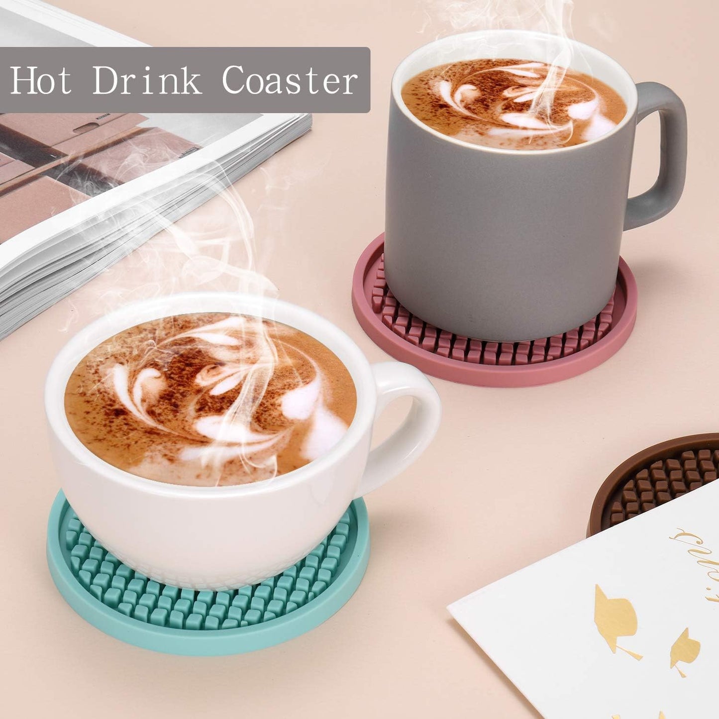 Silicone Coasters [6 Pack] Thickened Drink Coasters with Holder - Cup Mat - Non-Slip, Non-Stick, Stay Put, Deep Tray - Prevents Furniture and Tabletop Damages(Coffee)