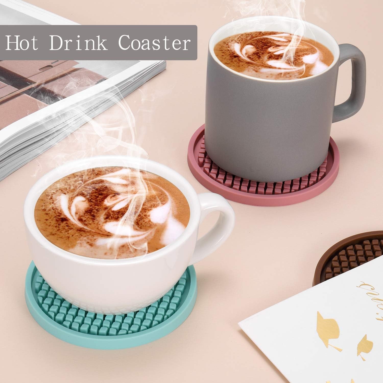 Silicone Coasters [6 Pack] Thickened Drink Coasters with Holder - Cup Mat - Non-Slip, Non-Stick, Stay Put, Deep Tray - Prevents Furniture and Tabletop Damages(Coffee)