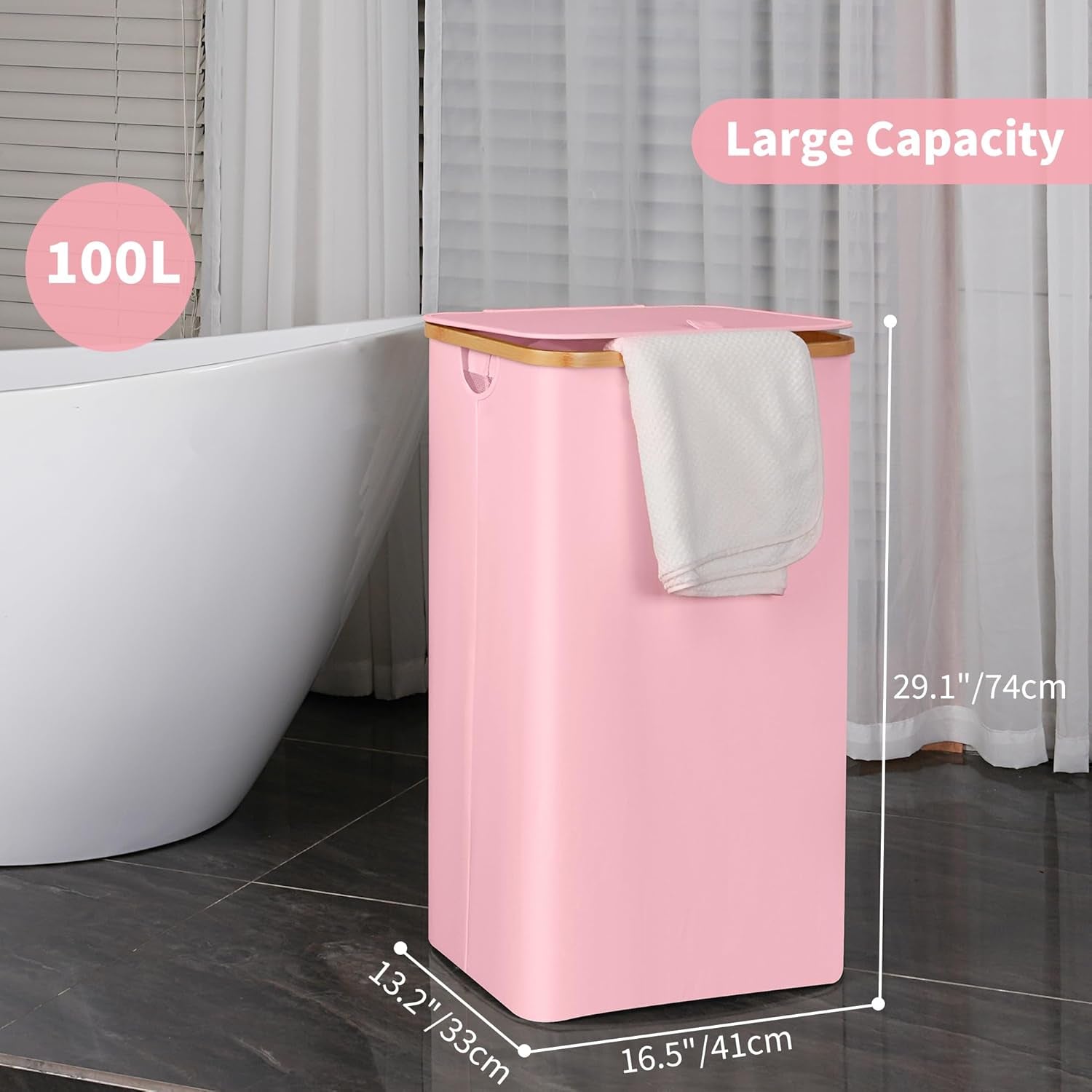 26 Gal Laundry Basket with Lid and Net Bag, Tall Laundry Hamper with Bamboo Handles, Aesthetic Dirty Clothes Bin for Laundry Room, Bathroom, Bedroom and Dorm, Pastel‌