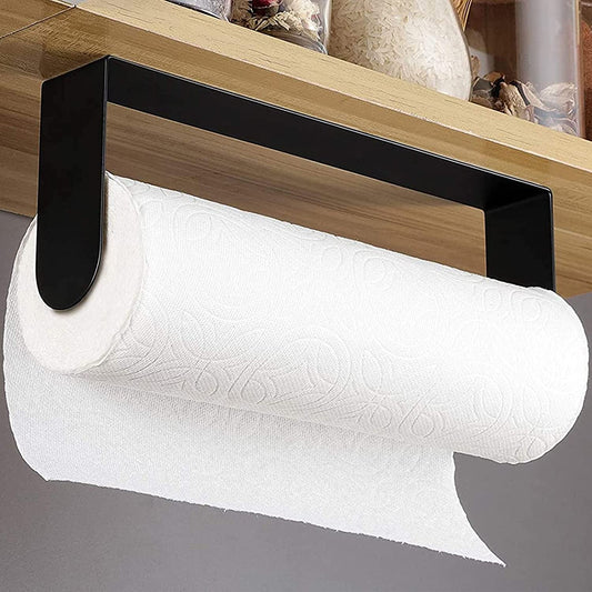 Wall-Mounted Black Paper Towel Holder - Self-Adhesive Under-Cabinet Rack in SUS-304 Stainless Steel for Kitchen Use