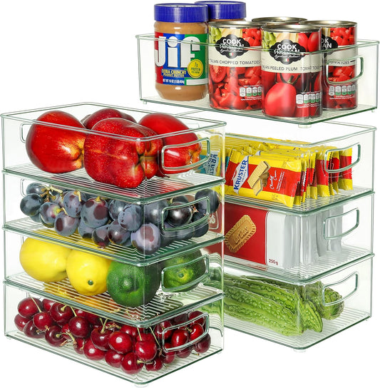 Set of 8 Clear Plastic Storage Bins, 4 Large and 4 Small Stackable Food Storage Organizer Bins for Pantry Organization and Kitchen Cabinet, Refrigerator Fridge Organizers and Storage