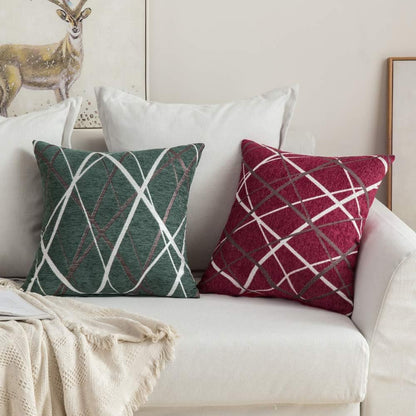 Pack of 2 Decorative Throw Pillow Covers Christmas Woven Textured Chenille Cozy Modern Concise Soft Red Square Cushion Shams for Bedroom Sofa Car 18 X 18 Inch