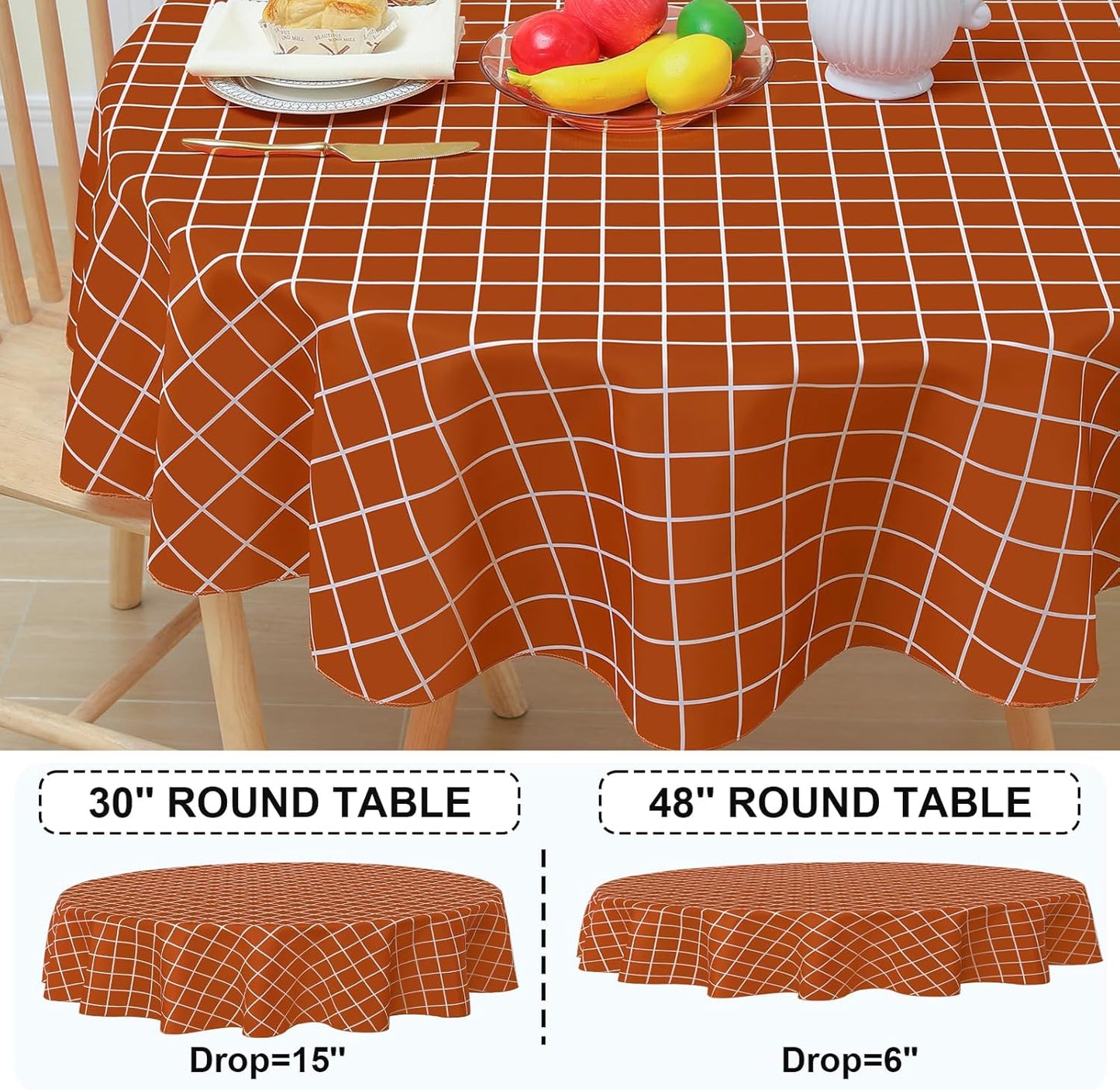 round Waterproof Fabric Table Cloth, Plaid Stain Resistant Polyester Tablecloth, Washable Cloth Table Cover for Fall Halloween Decor, Dining Room, Outdoor (60" Round, Rusty)