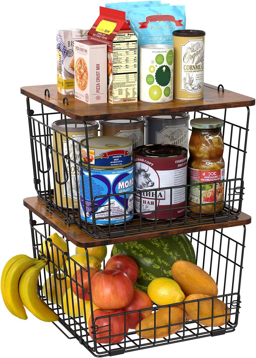 2 Pack Stackable Wire Basket with Wood Top,Pantry Organizer and Storage,Potato Basket Onion Storage for Kitchen Counter,Spice Organizer for Cabinet