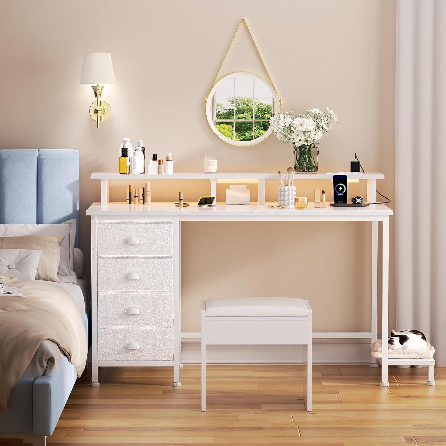 47" White Computer Desk with 4 Fabric Drawers & Monitor Stand, Gaming Desk with Power Outlets - LED Lights, Home Office Space-Saving Study Table for Bedroom Small Spaces