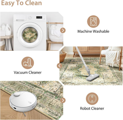 6X9 Area Rugs Machine Washable No Pile Non Slip Vintage Rugs for Living Room&Bedroom&Dinning Room Bohemian Distressed Carpet Indoor,Green/Teal/Multi