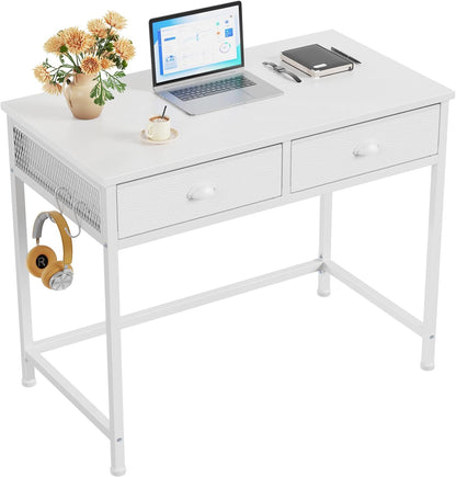 White Small Computer Desk with 2 Fabric Drawers for Bedroom,34 Inch Simple Home Office Writing Desk, Vanity Desk with Hooks, Study Table for Adults Student Small Spaces