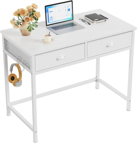 White Small Computer Desk with 2 Fabric Drawers for Bedroom,34 Inch Simple Home Office Writing Desk, Vanity Desk with Hooks, Study Table for Adults Student Small Spaces