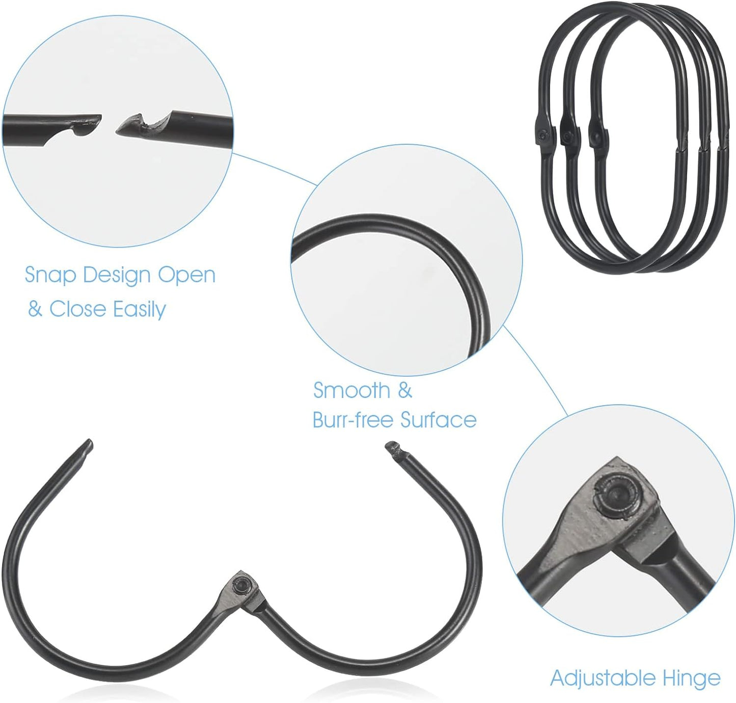 Shower Curtain Rings, 12 Pcs Shower Curtain Hooks, Oval Snap Shower Rings for Curtain, Metal Black Shower Curtain Rings Rust Proof, Glide Smoothly Shower Hooks for Shower Curtain Rod (Black)