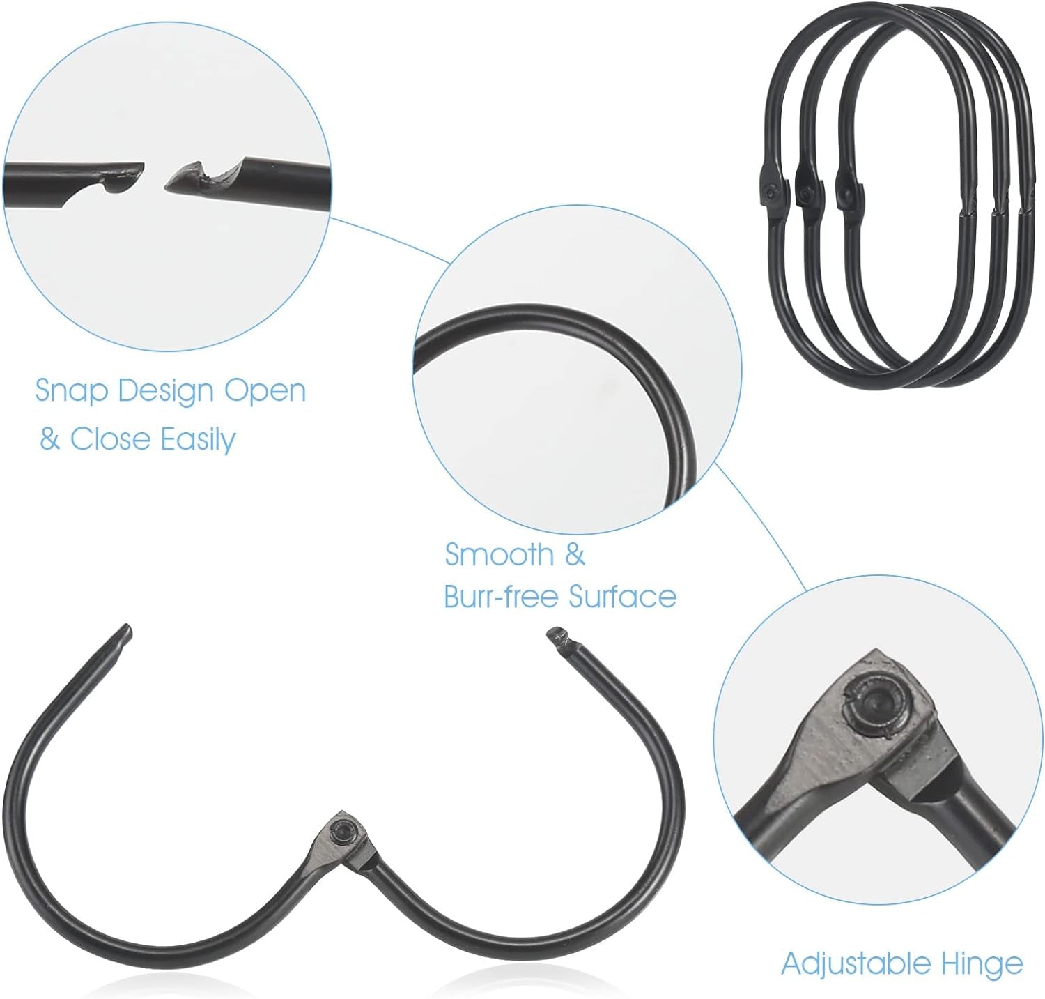 Shower Curtain Rings, 12 Pcs Shower Curtain Hooks, Oval Snap Shower Rings for Curtain, Metal Black Shower Curtain Rings Rust Proof, Glide Smoothly Shower Hooks for Shower Curtain Rod (Black)