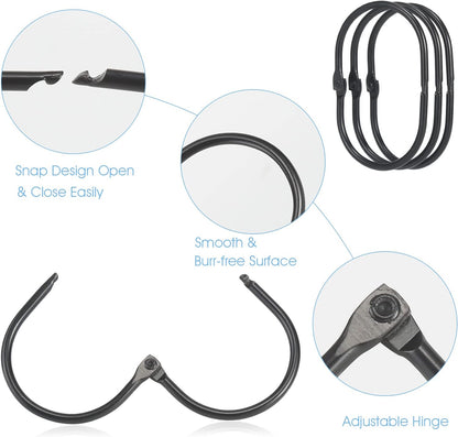 Shower Curtain Rings, 12 Pcs Shower Curtain Hooks, Oval Snap Shower Rings for Curtain, Metal Black Shower Curtain Rings Rust Proof, Glide Smoothly Shower Hooks for Shower Curtain Rod (Black)