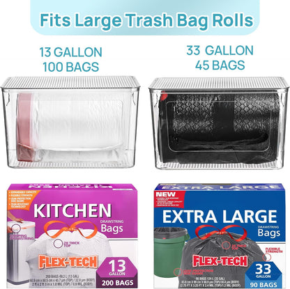 1 Pack Trash Bag Holder, Stackable Garbage Bag Dispenser for 13/30/33 Gallon Bags, Clear Organizer Bins for under Kitchen Sink, Laundry Room Organization and Storage