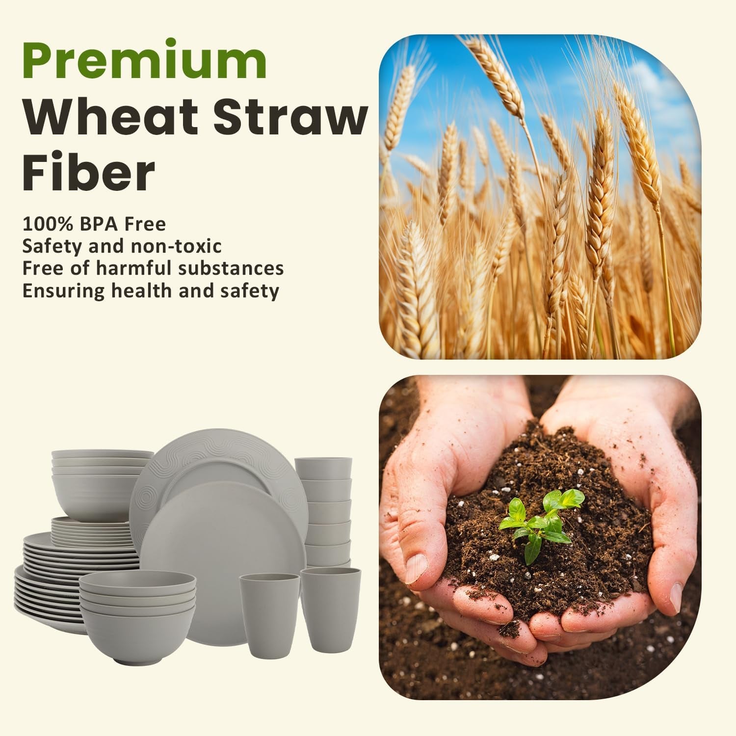 40-Piece Grey Wheat Straw Dinnerware Set, Durable and Non-Breakable Tableware for 8, Microwave, Dishwasher, and Freezer Safe
