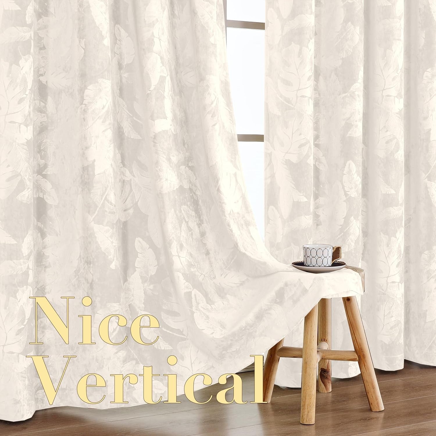 Velvet Curtains 63 Inches 2 Panels Luxury Room Darkening Curtains for Bedroom Floral Leaf Pattern Curtain Thermal Insulated Grommet Window Drapes, W52 X L63 Inches, Ivory