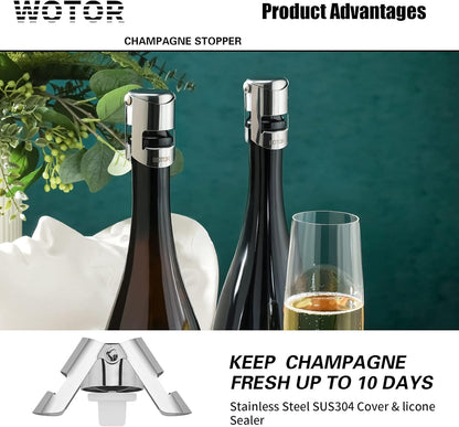 Champagne Stoppers Stainless Steel, Prosecco Bottle Stopper with Food Grade Silicone, Reusable Champagne Cork & Saver, Leak Proof Keep Fresh (Silver, 2 Pack)