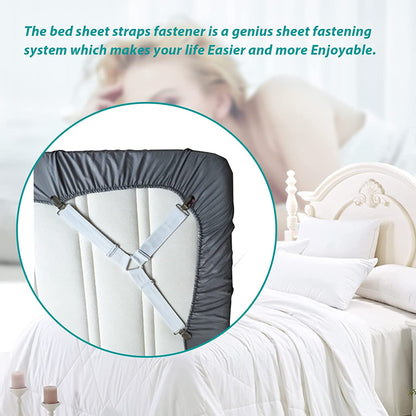 Bed Sheet Fasteners, Adjustable Mattress Suspenders, Mattress Cover Straps, Bed Corner Holder and Keepers and the Bed Sheet Grippers Clips (Triangle White Set of 4)
