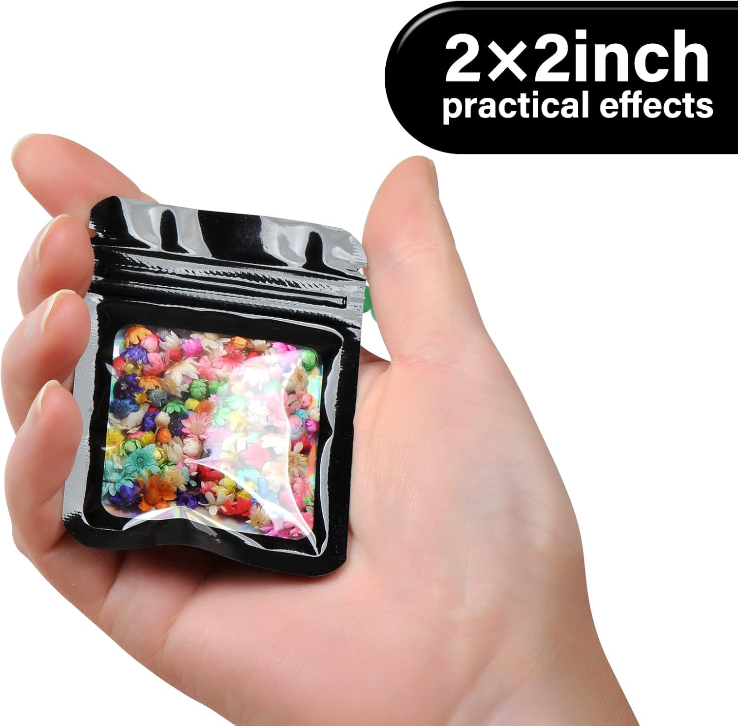 100-Pack 2×2 Inch Mylar Bags with Clear Window Holographic Resealable Sealable Packaging Zip Bag for Small Bussiness Jewelry Candy Sample Food Packing Supplies （Black）