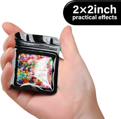 100-Pack 2×2 Inch Mylar Bags with Clear Window Holographic Resealable Sealable Packaging Zip Bag for Small Bussiness Jewelry Candy Sample Food Packing Supplies （Black）