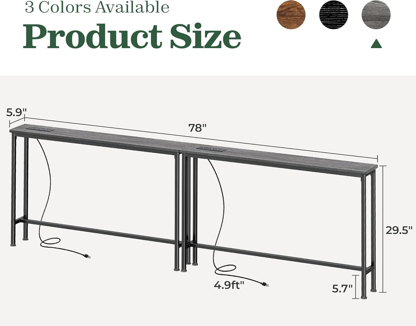 5.9-Inch Narrow Console Table Set of 2 with Outlet, 78-Inch Length, Behind Couch and Entryway Tables with Charging Station, Charcoal Gray for Living Room