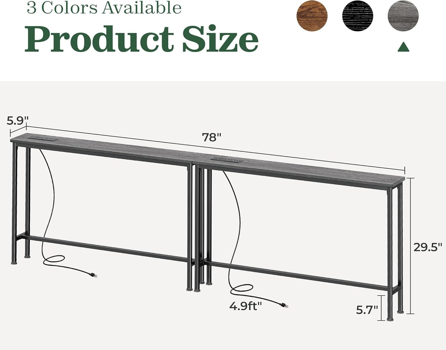 5.9-Inch Narrow Console Table Set of 2 with Outlet, 78-Inch Length, Behind Couch and Entryway Tables with Charging Station, Charcoal Gray for Living Room