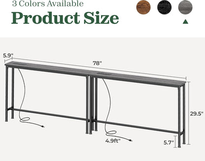 5.9-Inch Narrow Console Table Set of 2 with Outlet, 78-Inch Length, Behind Couch and Entryway Tables with Charging Station, Charcoal Gray for Living Room