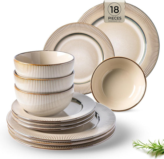 Elegant 18-Piece Embossed Stoneware Dinnerware Set for 8 - Dishwasher and Microwave Safe - Ideal Housewarming and Wedding Gift
