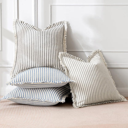 Pack of 2 Black Pillow Covers 20X20 Inch Striped Farmhouse Couch Throw Pillow Covers with Fringe Chic Linen Decorative Cushion Covers for Sofa Living Room Bed Outdoor Home Decor