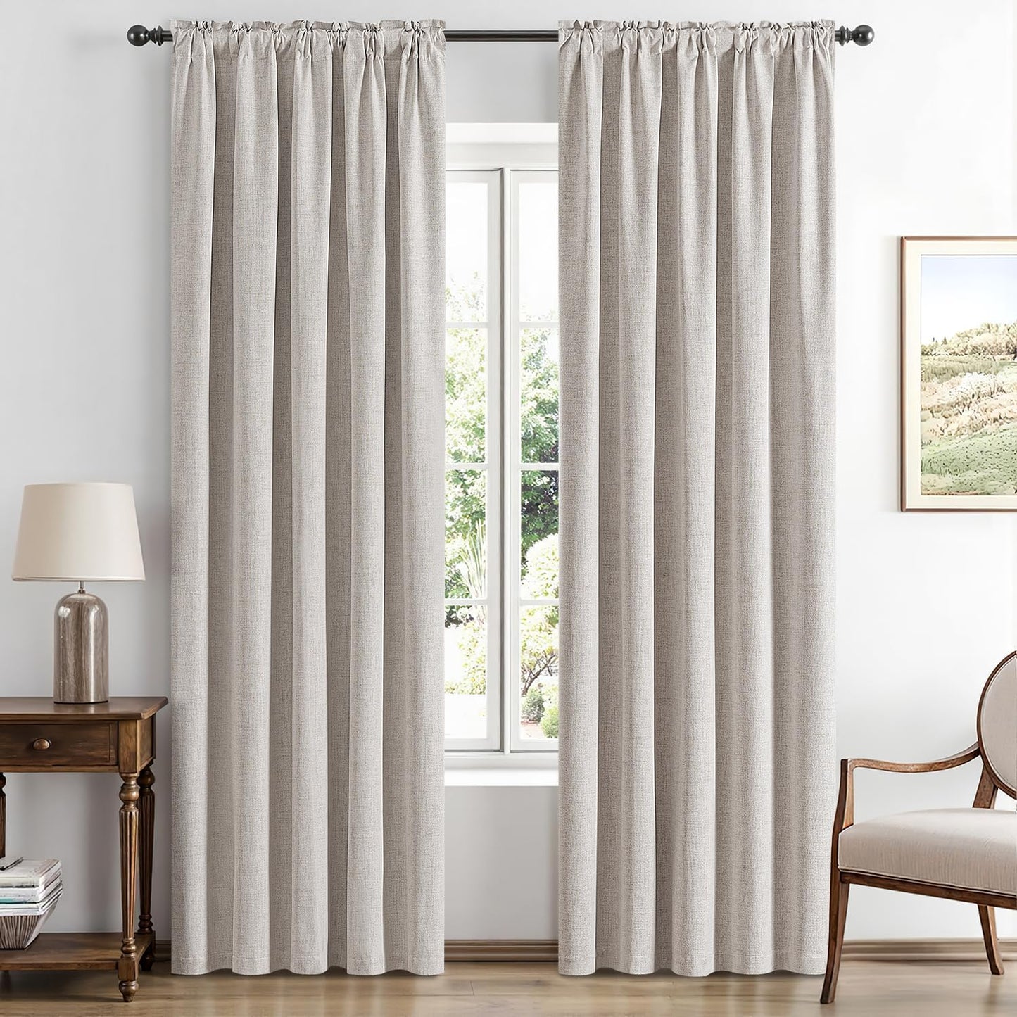 Luxury Ivory Blackout Linen Curtains for Bedroom and Living Room, Thermal Insulation Room Darkening Drapes, 42 x 84 Inches, Set of 2 Panels with Back Tab Rod Pocket Design
