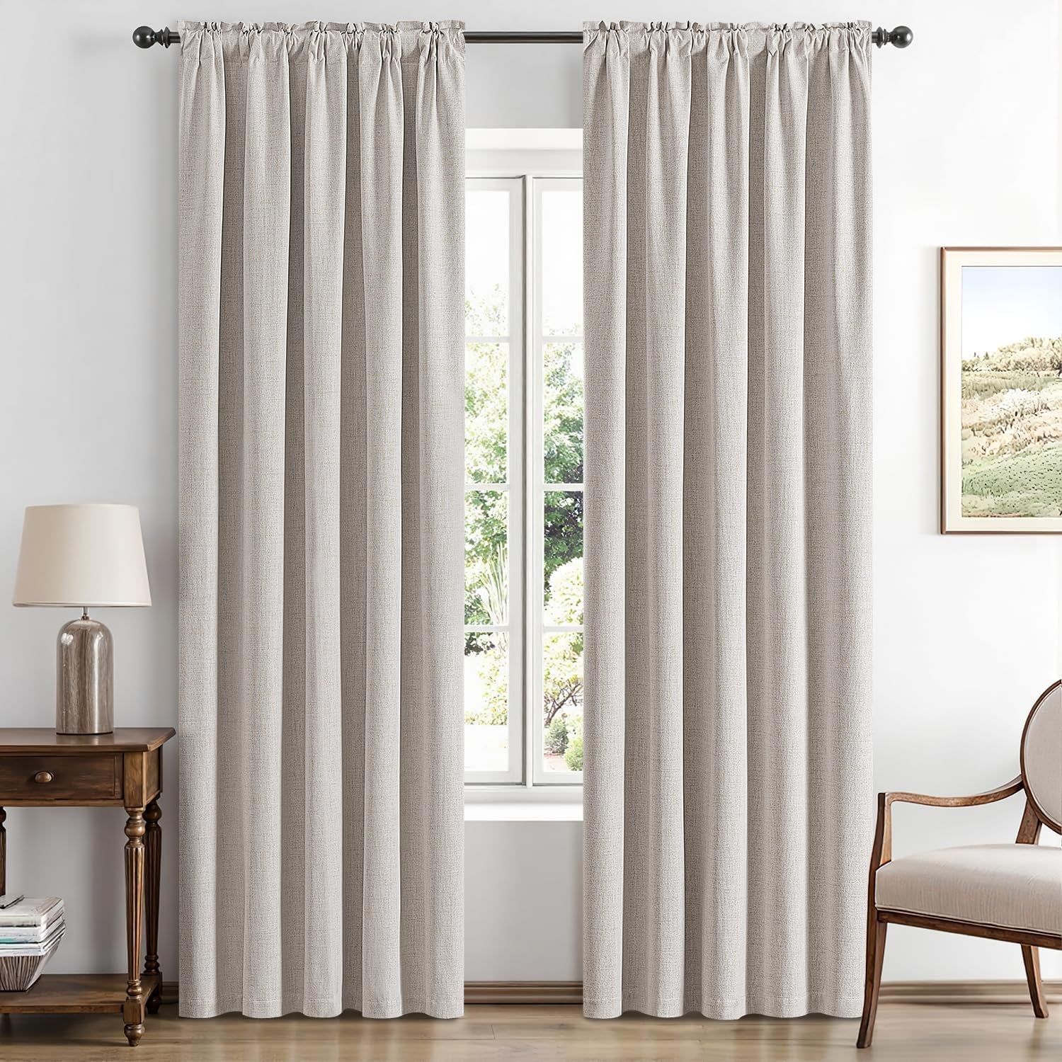 Luxury Ivory Blackout Linen Curtains for Bedroom and Living Room, Thermal Insulation Room Darkening Drapes, 42 x 84 Inches, Set of 2 Panels with Back Tab Rod Pocket Design