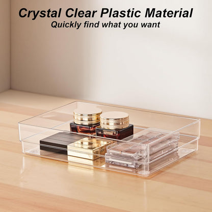 7-Piece Drawer Organizer with Non-Slip Silicone Pads, 4-Size Desk Drawer Organizer Trays Storage Tray for Makeup, Jewelries, Utensils in Bedroom Dresser, Office and Kitchen (Clear)