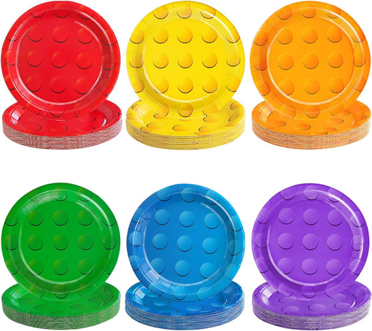 72Pcs 6 Color Building Block Paper Plates - 7" Colorful Building Block Birthday Party Disposable Plates for Baby Shower Party Decorations
