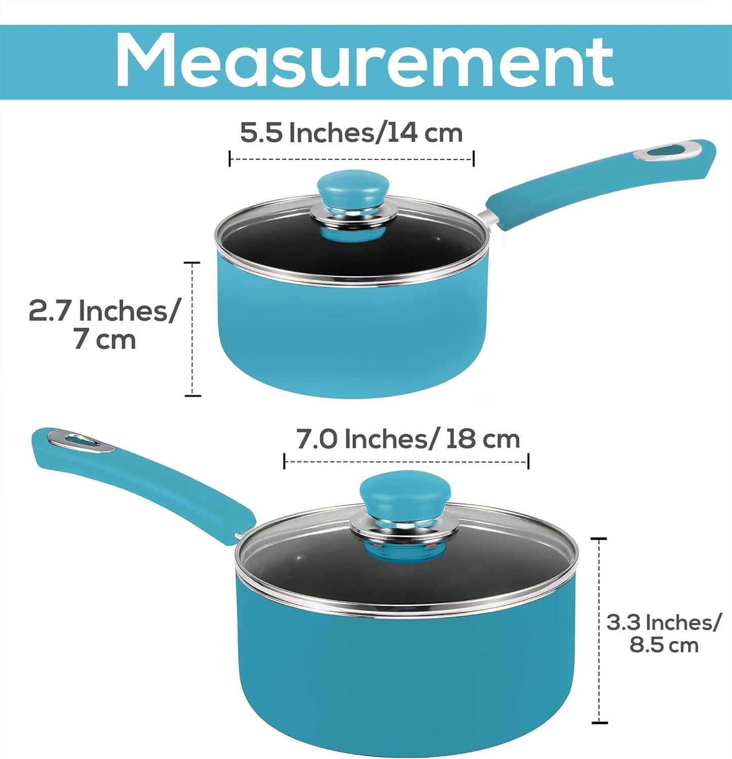 Nonstick Stock Pot Saucepan Set with Lids, 1 Quart and 2 Quarts Multipurpose Stock Pots Set for Home, Kitchen or Restaurant, Turquoise & Black