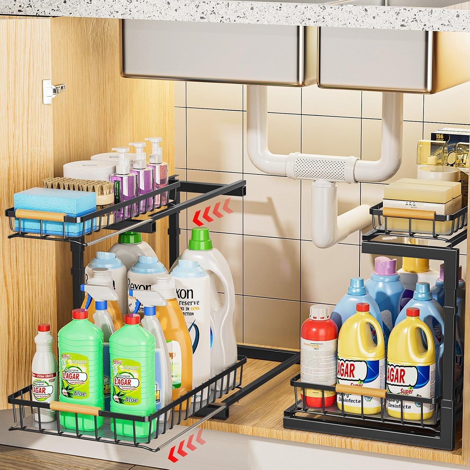2 Pack under Sink Organizer and Storage, 2 Tier Pull Out Cabinet Organizer, Slide Out under Sink Storage Shelf, Undersink Organizers Shelves for Kitchen Bathroom Pantry Organization