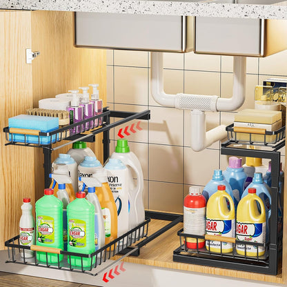2 Pack under Sink Organizer and Storage, 2 Tier Pull Out Cabinet Organizer, Slide Out under Sink Storage Shelf, Undersink Organizers Shelves for Kitchen Bathroom Pantry Organization