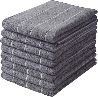 Microfiber Kitchen Towels - Super Absorbent, Soft and Thick Dish Towels, 8 Pack (Stripe Designed Grey Colors), 26 X 18 Inch