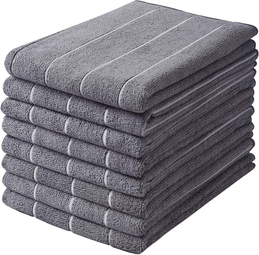 Microfiber Kitchen Towels - Super Absorbent, Soft and Thick Dish Towels, 8 Pack (Stripe Designed Grey Colors), 26 X 18 Inch