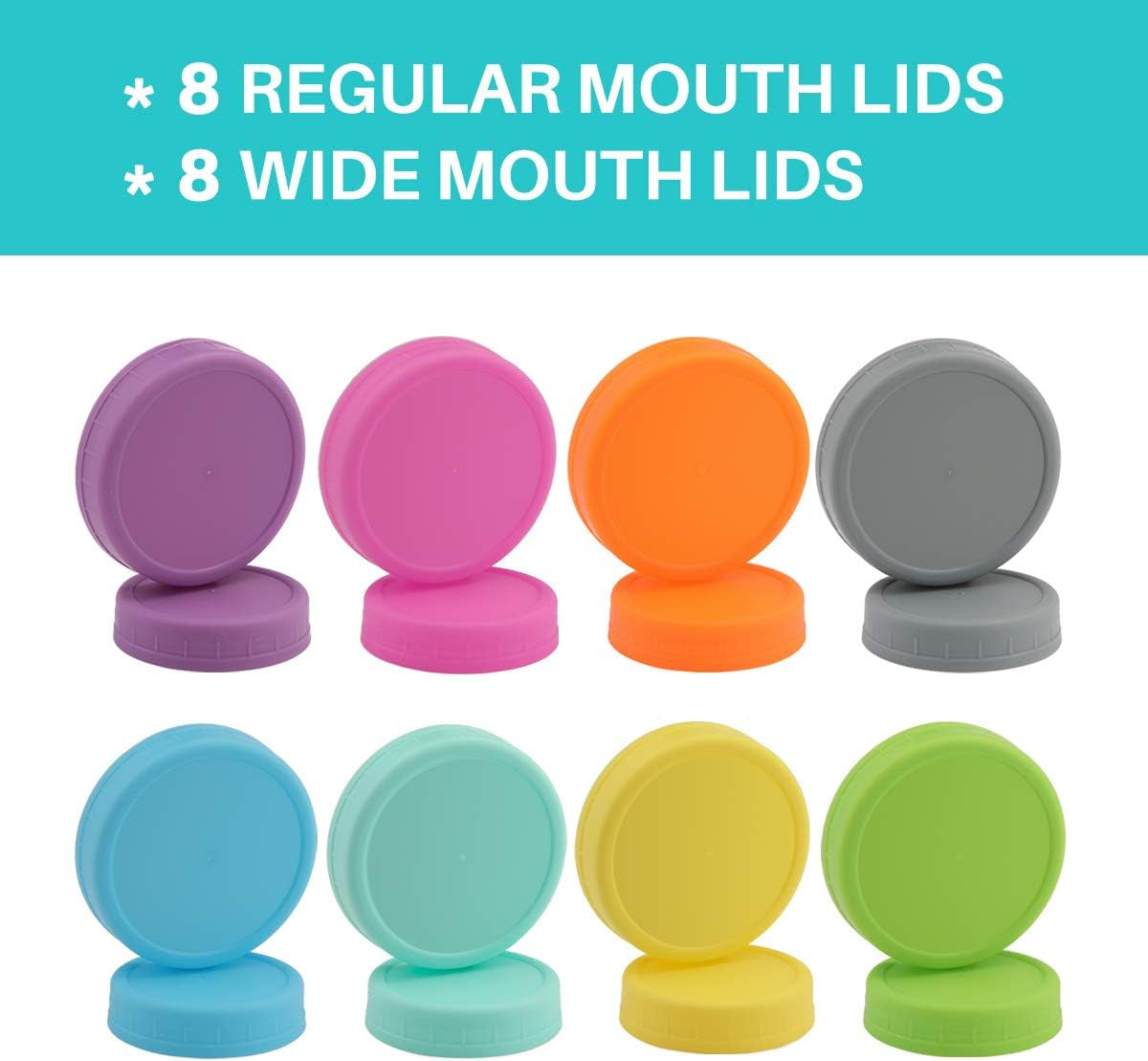 [16 Pack] Colored Plastic Mason Jar Lids Fits Ball, Kerr & More - 8 Wide Mouth & 8 Regular Mouth - Storage Caps for Canning Jars, Dishwasher Safe & Food Grade & Leakproof