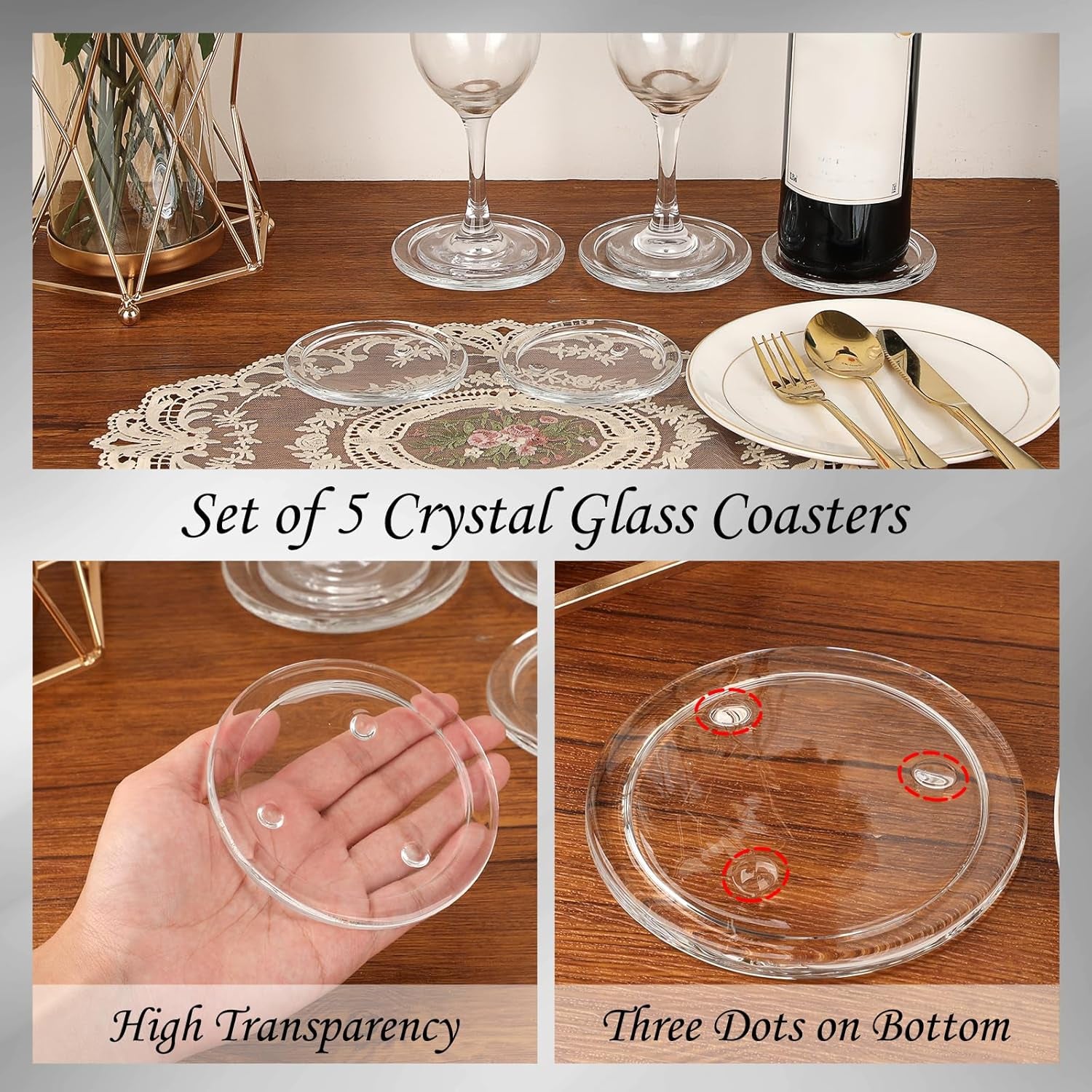 Set of 5 Modern Clear Glass Coasters - Round Crystal Drink Coasters for Office, Kitchen, Bar, Dining Room, Living Room, and Patio Decor