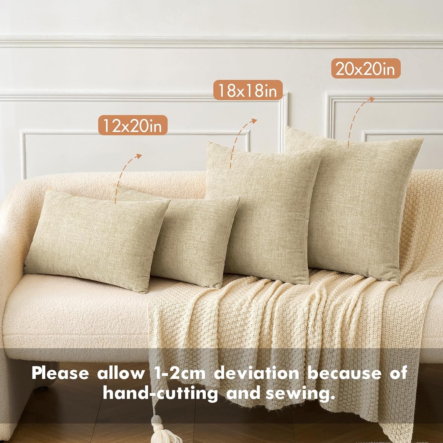 Pack of 2 Beige Throw Pillow Covers 18X18 Inch Soft Chenille Pillow Covers for Sofa Living Room Couch Solid Dyed Cases Not Pillow Inserts