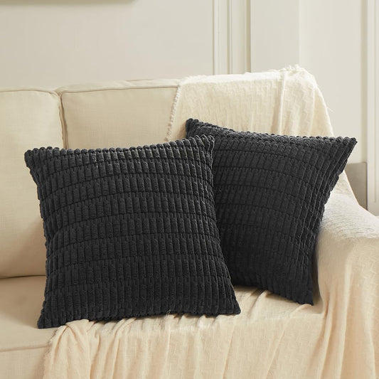 2 Packs Black Decorative Throw Pillow Covers 18X18 Inch for Living Room Couch Bed Sofa, Rustic Farmhouse Boho Home Decor, Soft Striped Corduroy Square Cushion Case 45X45 Cm