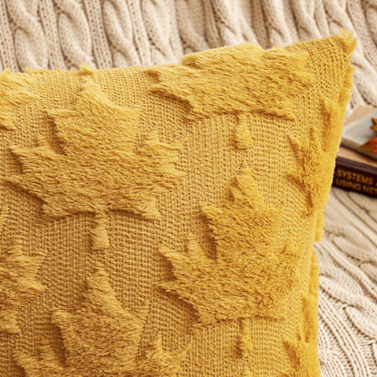 Fall Autumn Throw Pillow Covers 18X18 Mustard Yellow Set of 2 Thanksgiving Decorative Solid Maple Leaf Accent Pillow Covers Soft Plush Faux Wool for Home Decor Holiday Outdoor Porch Bedroom