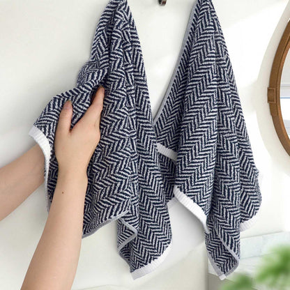 Hand Towels for Bathroom with Decorative Herringbone Stripes, 100% Cotton, 13 X 28 Inches, Navy-Blue and White, 2 Pack