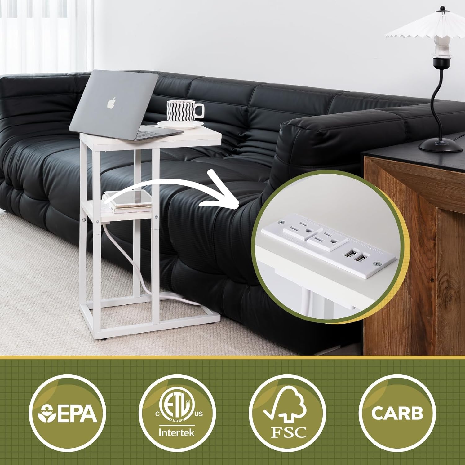 C Shaped End Table with Charging Station, Small Side Tables for Living Room Bedroom, Sofa Table with USB Ports and Outlets for Small Spaces, Rustic Bed Side Table