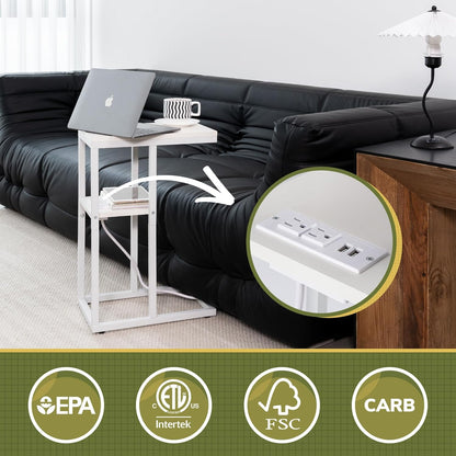 C Shaped End Table with Charging Station, Small Side Tables for Living Room Bedroom, Sofa Table with USB Ports and Outlets for Small Spaces, Rustic Bed Side Table