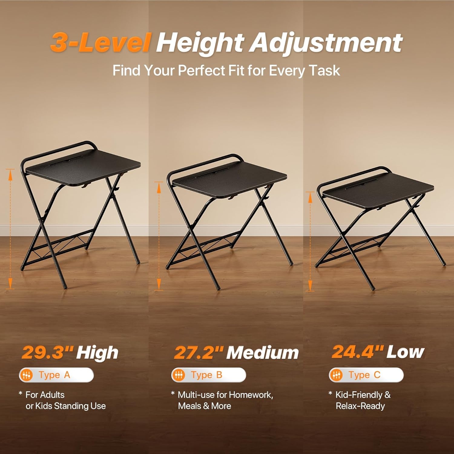 Adjustable Height Folding Desk with Tablet Slot, 24-Inch Space-Saving Computer Desk for Home Office, Bedroom, and Study, Black