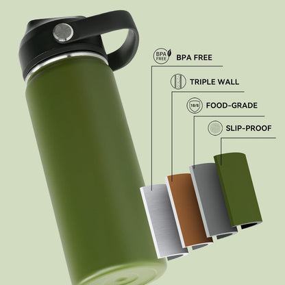 18Oz Insulated Stainless Steel Water Bottle, Wide Mouth Double Wall Vacuum, Silicone Straw, Sweat & Leak Proof, BPA Free Insulated Water Flask for Travel, Keep Cold 24H Hot 12H, Green