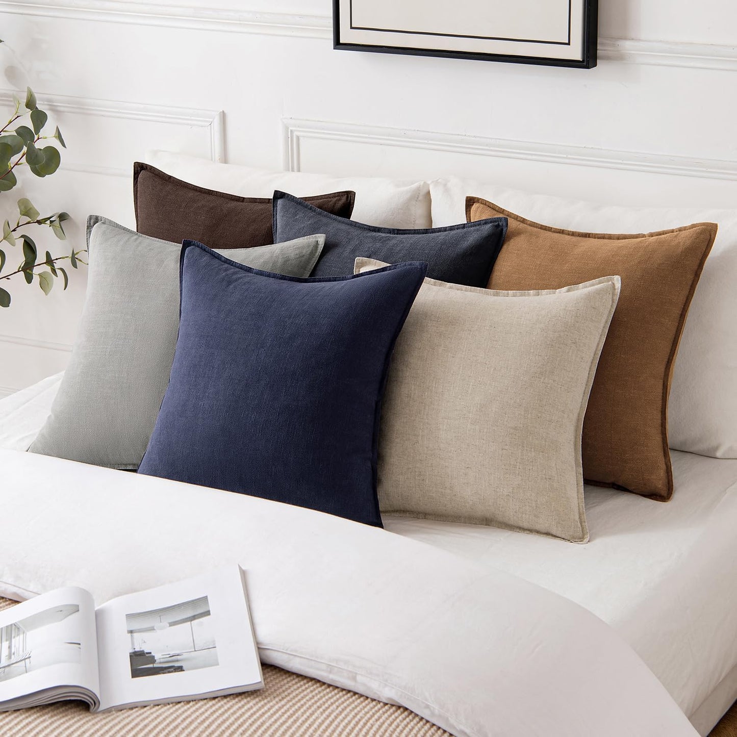 Decorative Linen Euro Sham Pillow Covers 24x24 inches, Brown Boho Farmhouse Neutral Accent Pillows for Bed and Sofa, Set of 2, Modern Living Room Home Decor