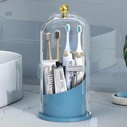 Toothbrush Holders with 360° Smooth Rotating Base, 3 Slots Bathroom Organizer Countertop with Sliding Lid, Brush Toothpaste Holder Makeup Brush Organizer for Vanity, Blue